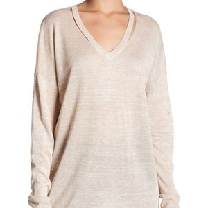 Cutout V-neck Metallic Stitch Pullover Long Sleeve Shirt